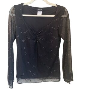 Paper Doll Vintage Y2K Size M Black Mesh Sequin Flare Sleeve Top Whimsigoth